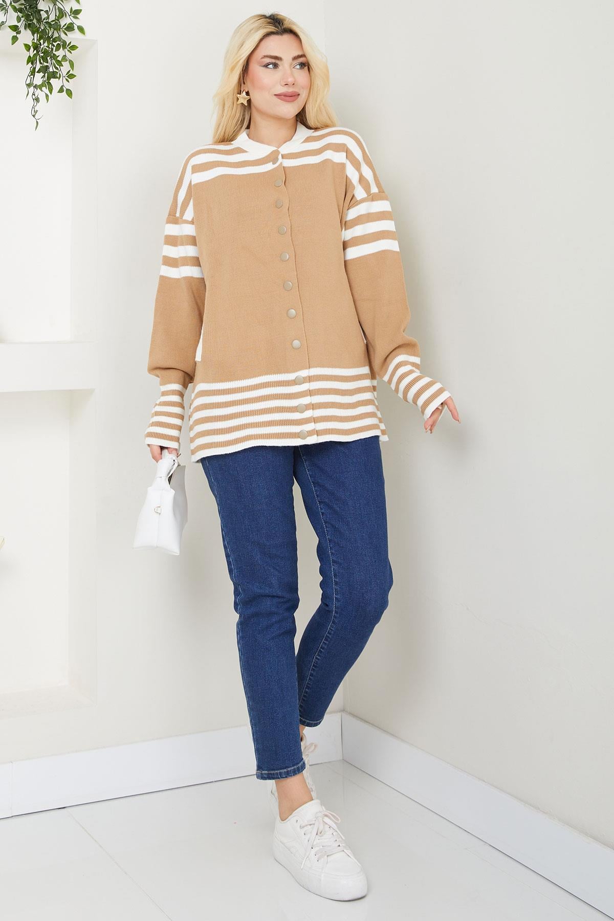 Bomber Yakalı Çizgili Triko Hırka SS2621 Camel