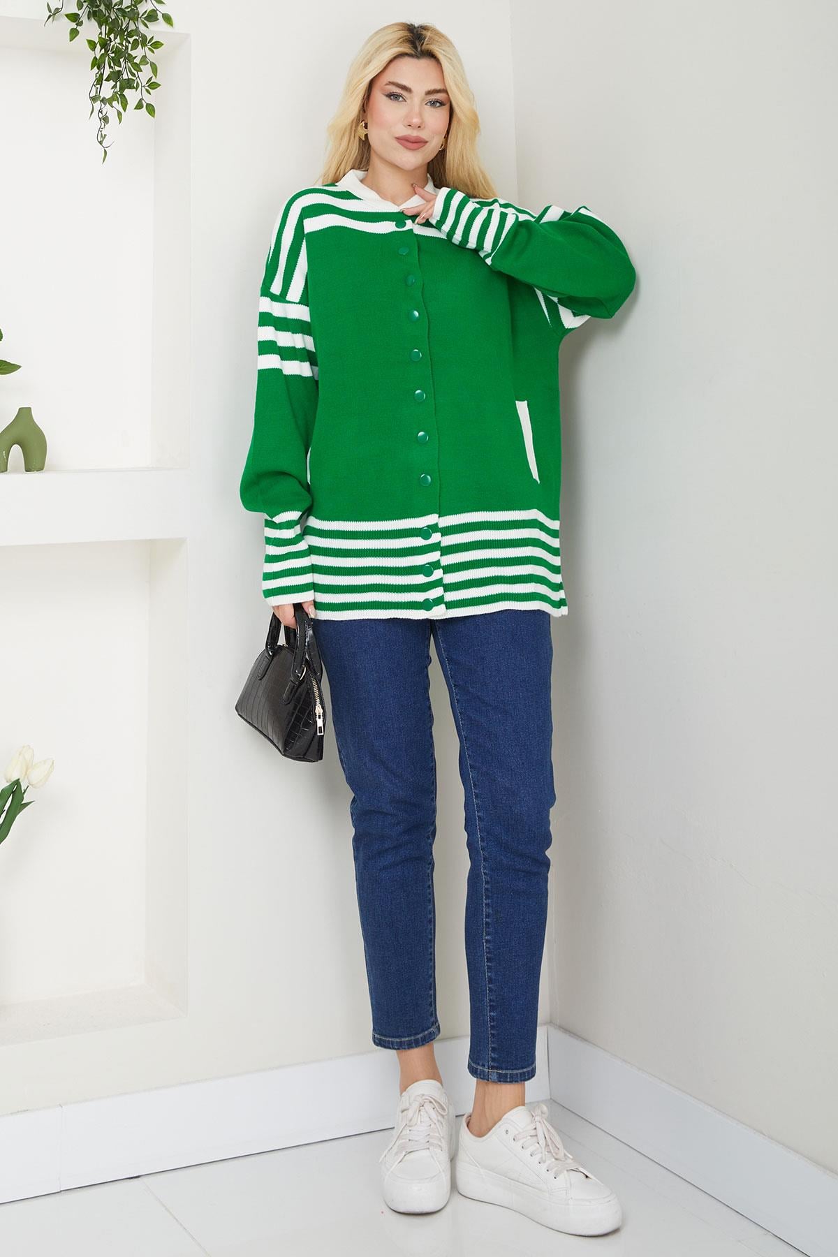 Bomber Yakalı Çizgili Triko Hırka SS2621 Yeşil