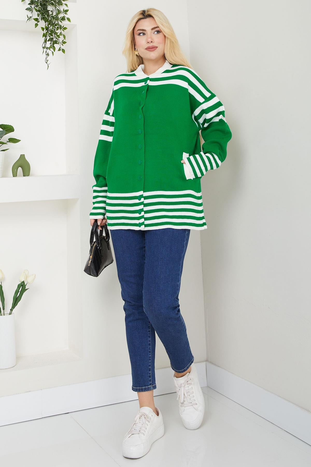 Bomber Yakalı Çizgili Triko Hırka SS2621 Yeşil