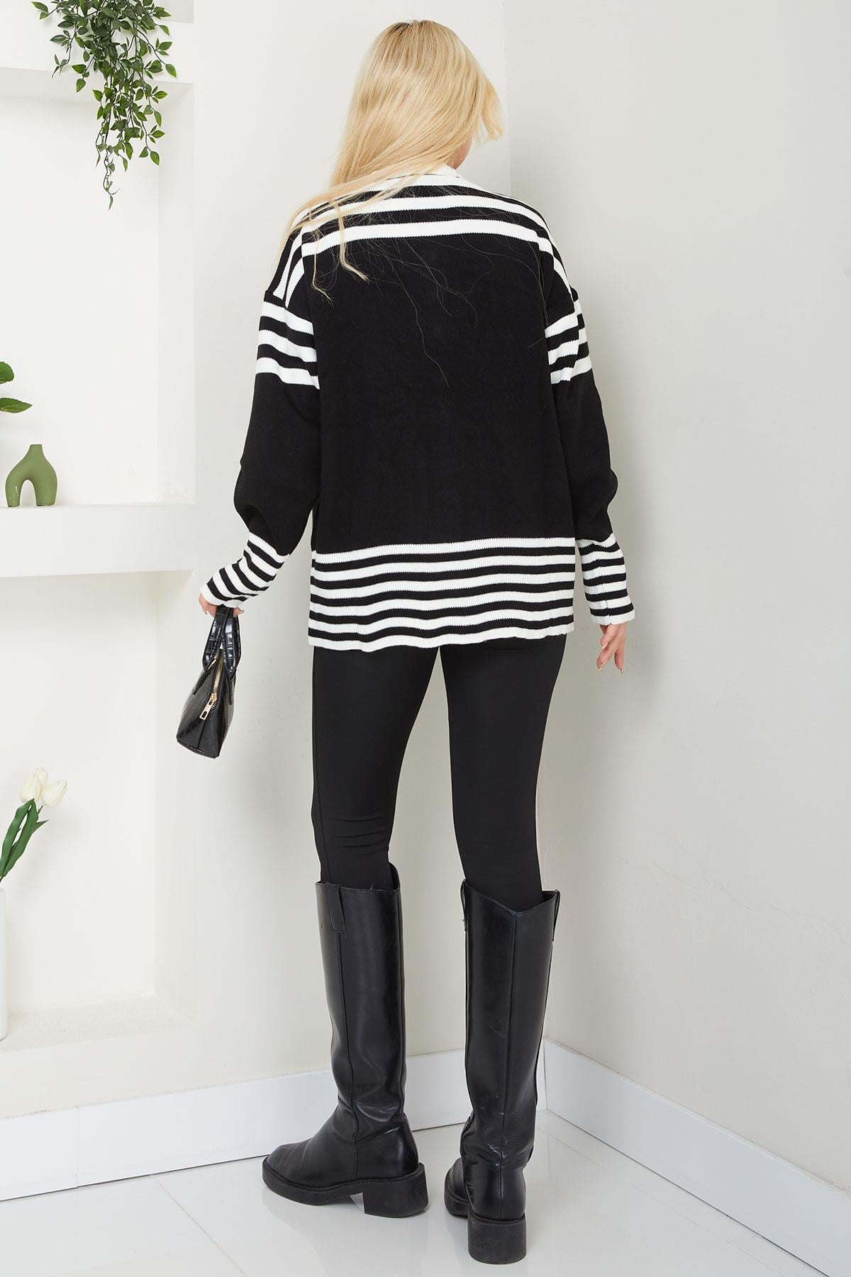Bomber Yakalı Çizgili Triko Hırka SS2621 Siyah