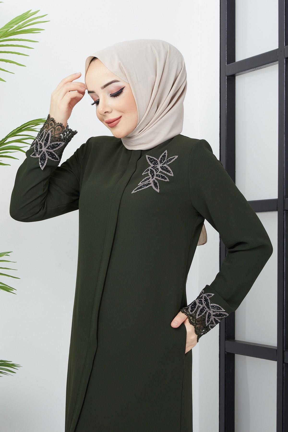 Büyük Beden Dantel Taş İşleme Detaylı Haki Ferace SS2029