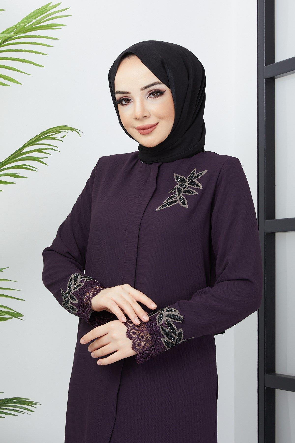 Büyük Beden Dantel Taş İşleme Detaylı Mürdüm Ferace SS2029