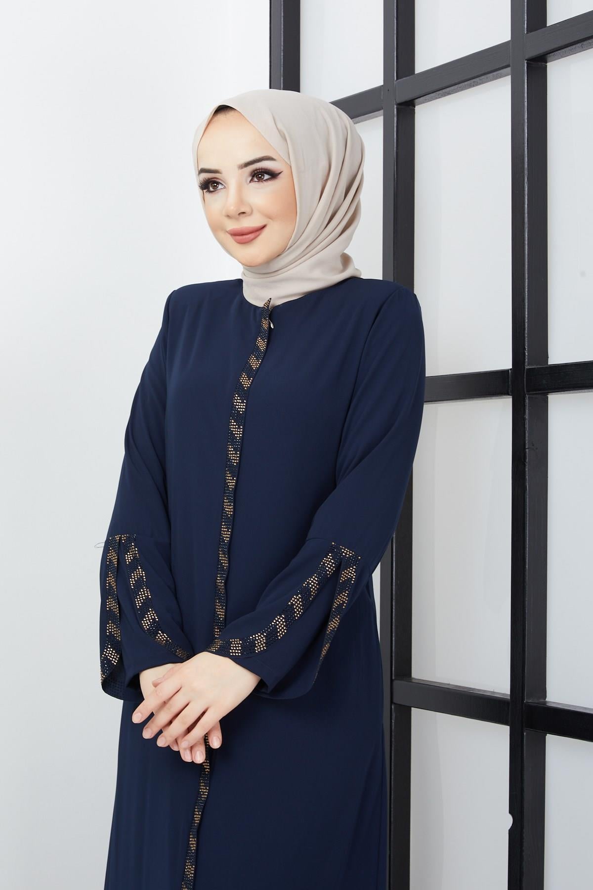 Büyük Beden Taş Detaylı Ferace Lacivert SS02030