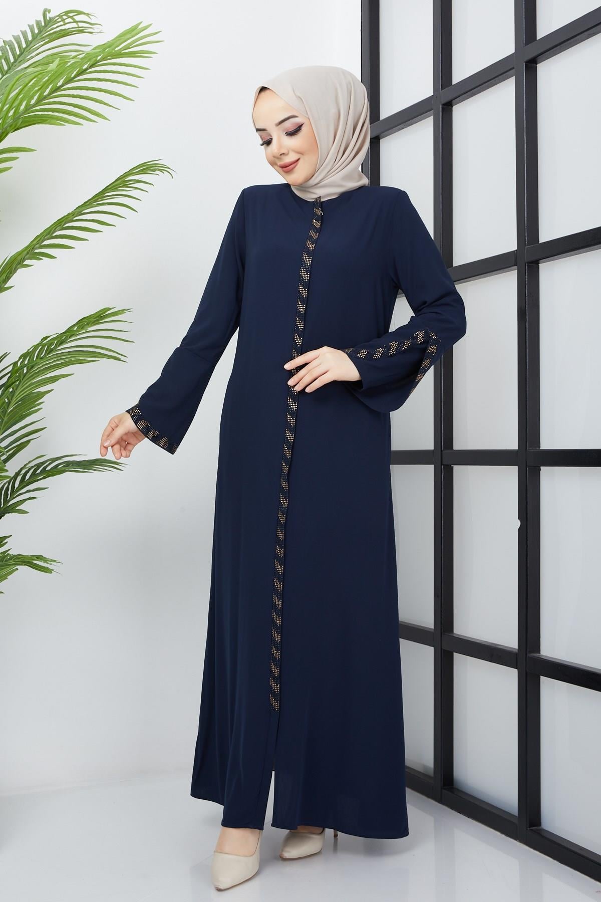 Büyük Beden Taş Detaylı Ferace Lacivert SS02030