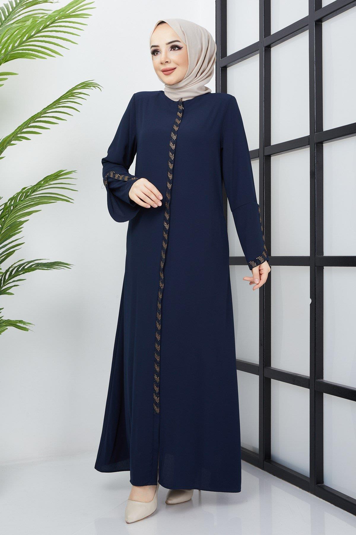 Büyük Beden Taş Detaylı Ferace Lacivert SS02030