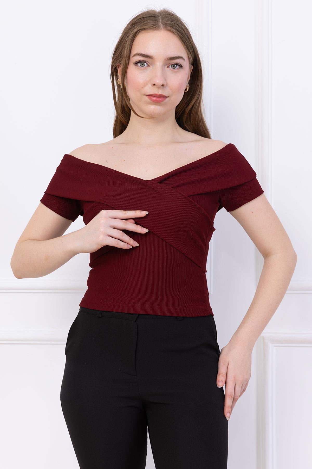 Çapraz Kesim Madonna Yaka Crop Bordo SS2743