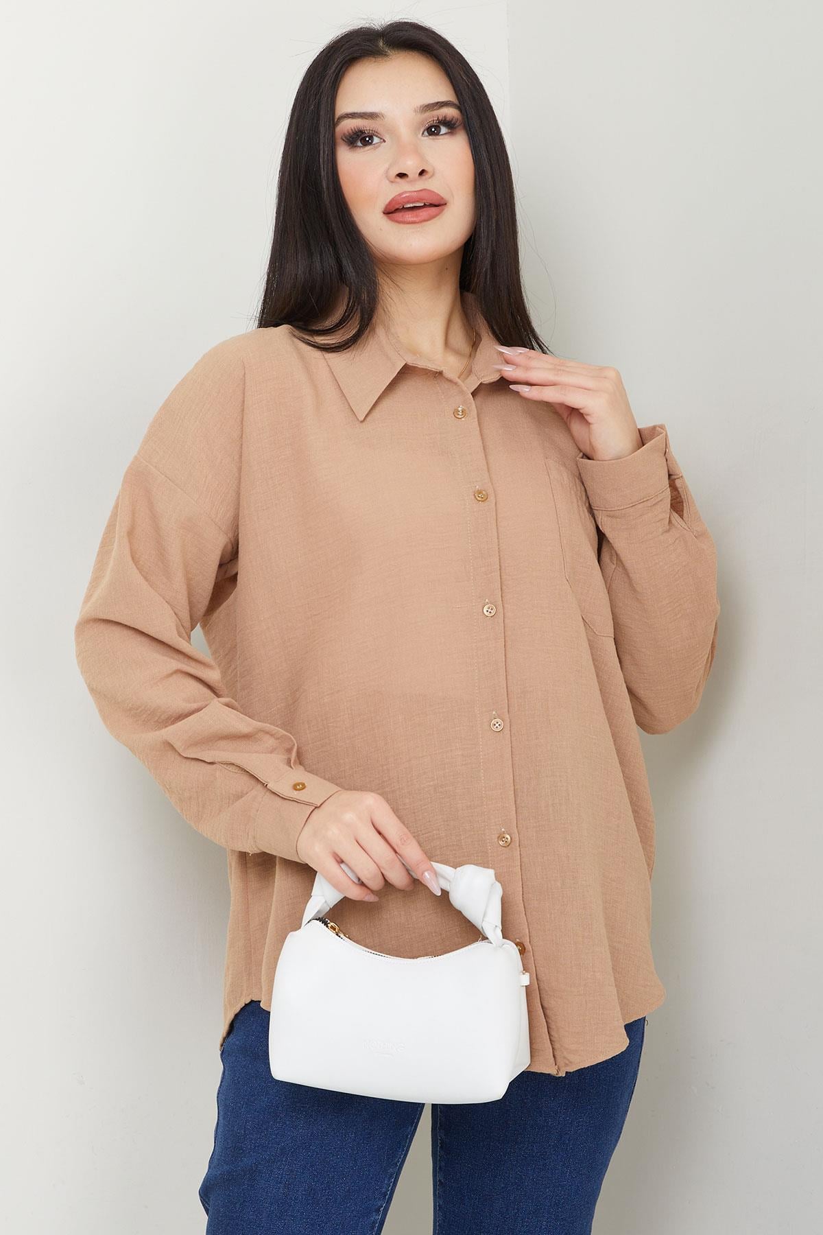 Cepli Oversize Keten Gömlek Vizon SS2651
