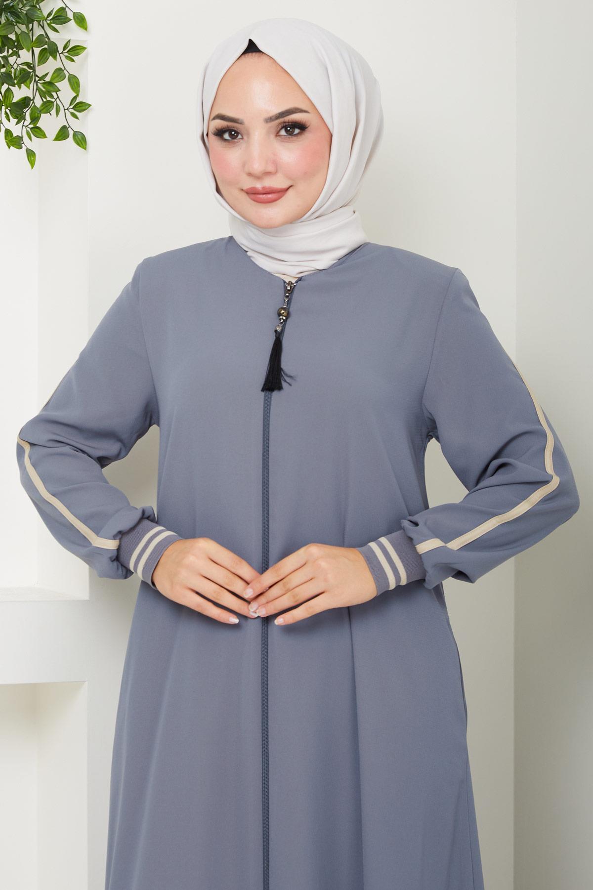 Çizgi Detaylı Gri Ferace SS2035