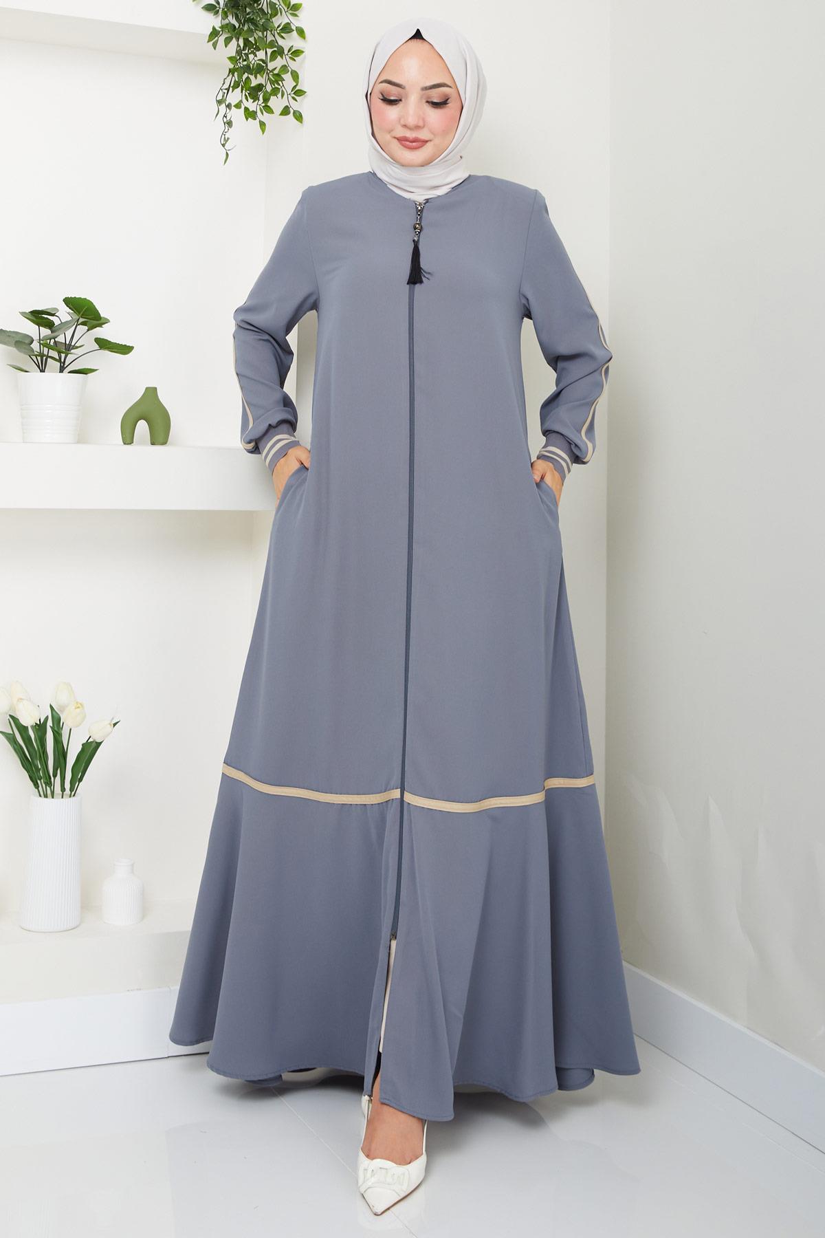 Çizgi Detaylı Gri Ferace SS2035