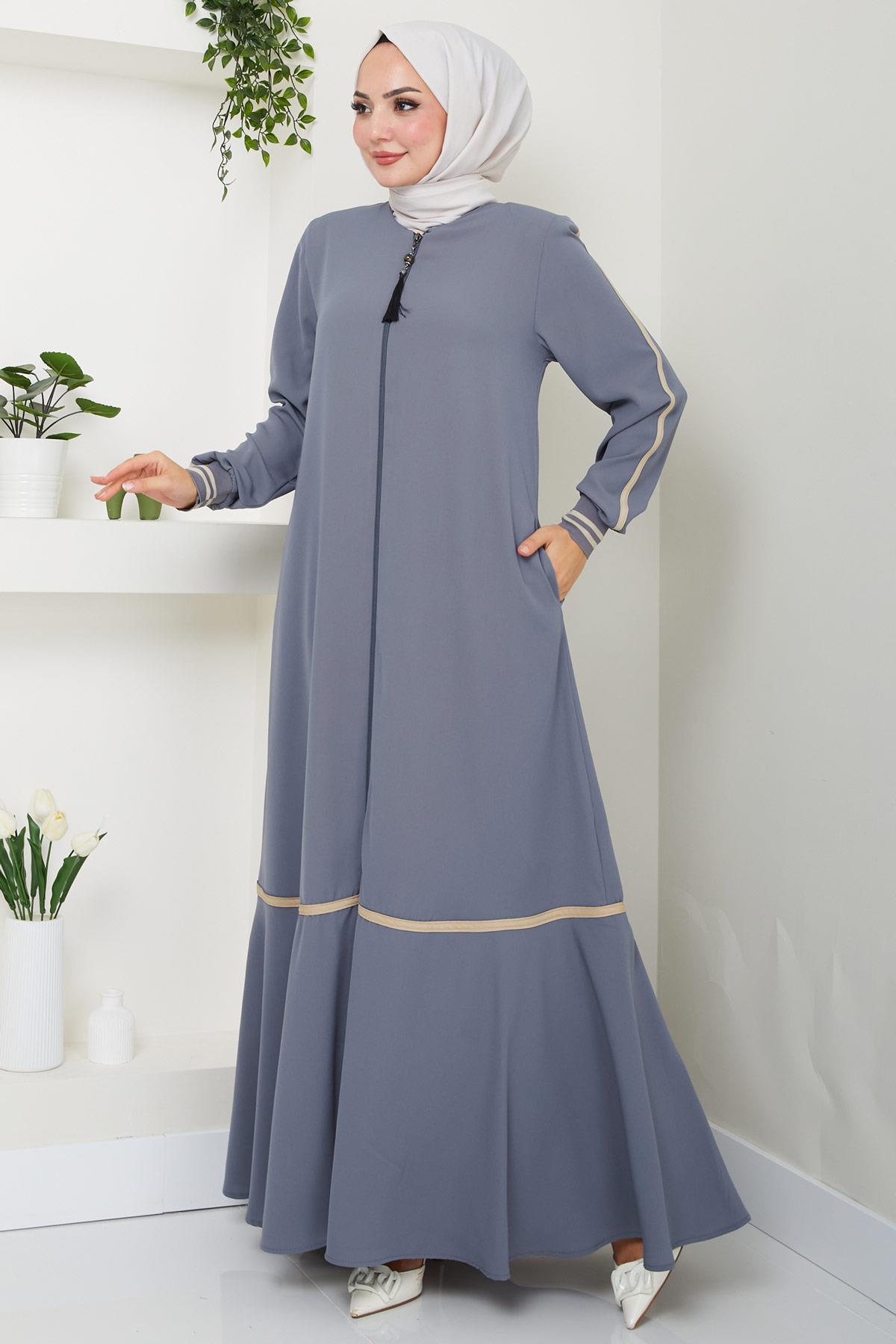 Çizgi Detaylı Gri Ferace SS2035