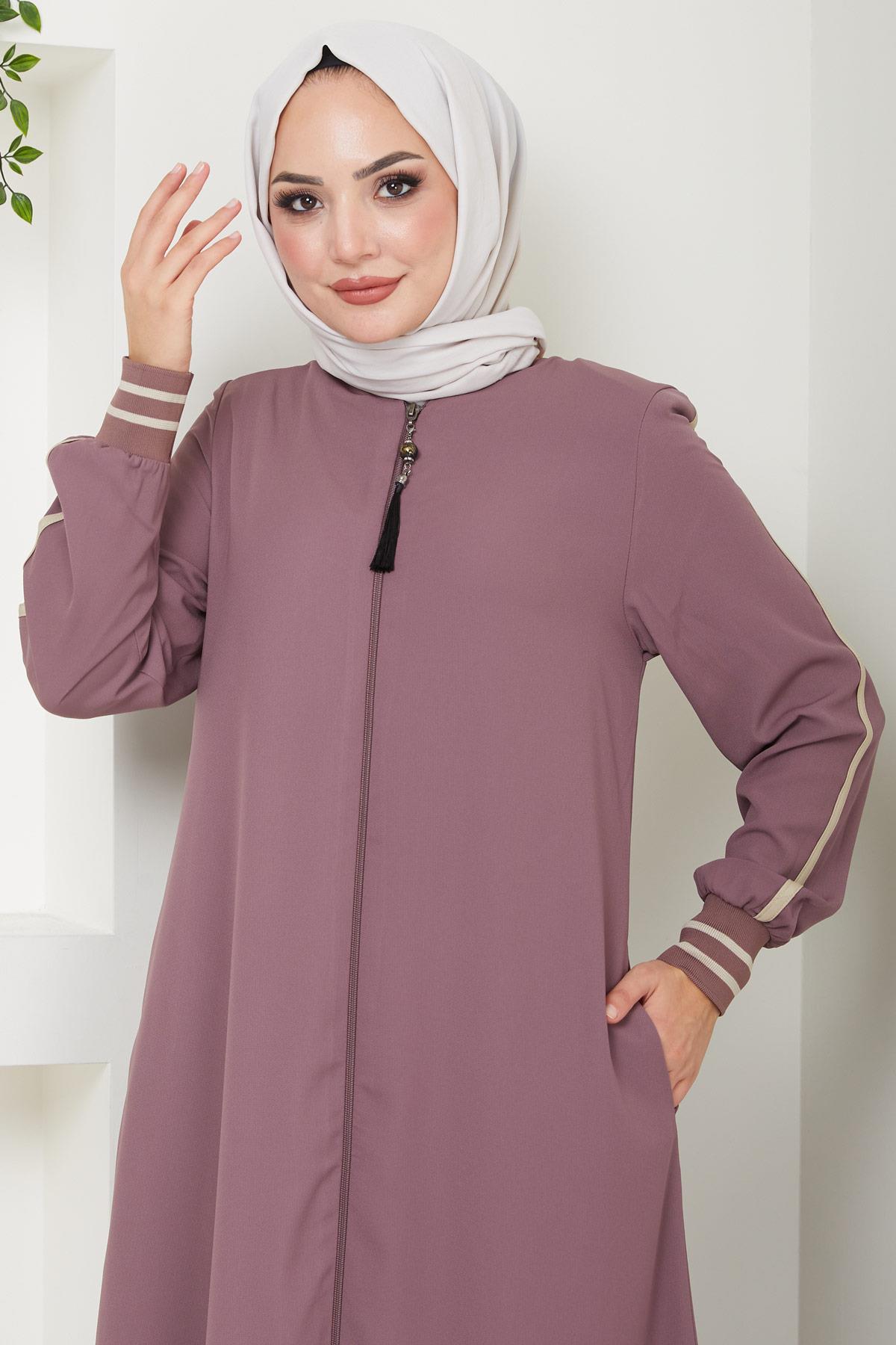 Çizgi Detaylı Gül Kurusu Ferace SS2035