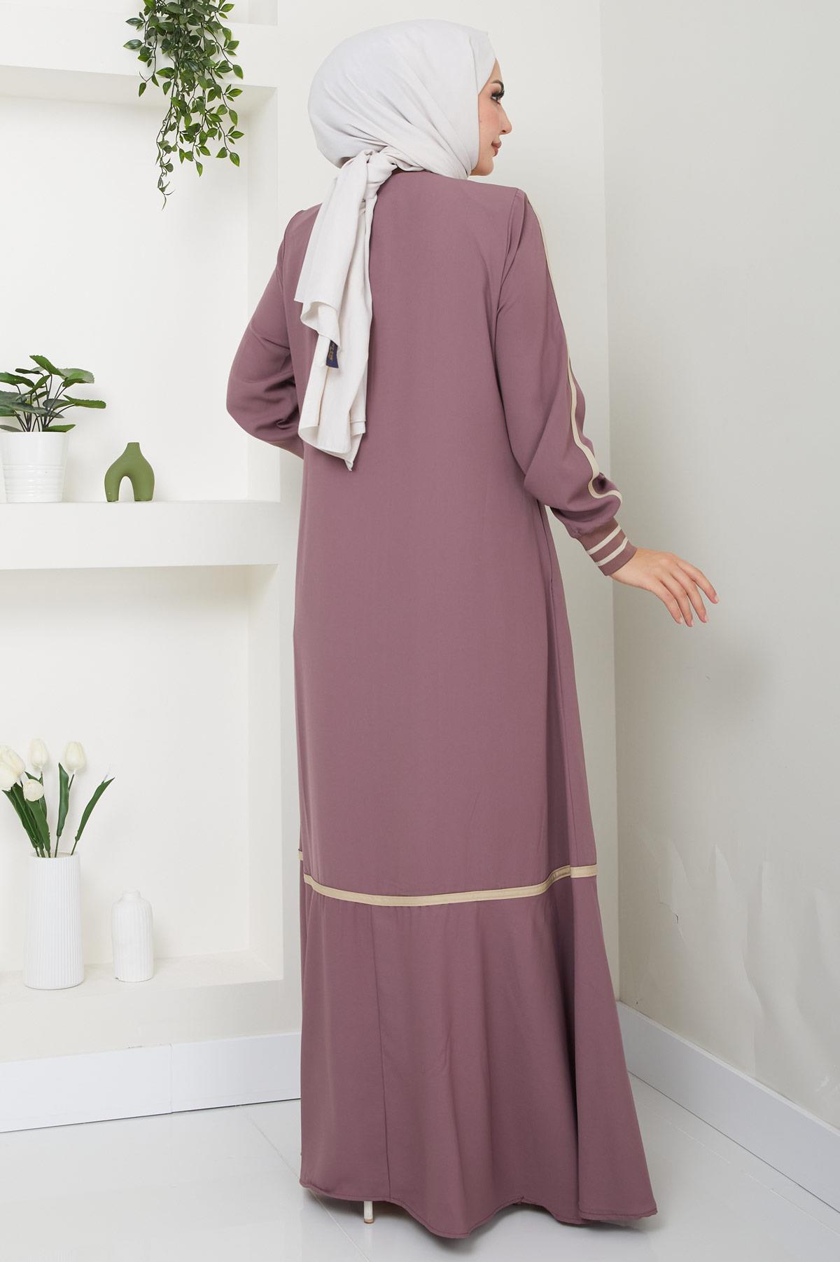 Çizgi Detaylı Gül Kurusu Ferace SS2035