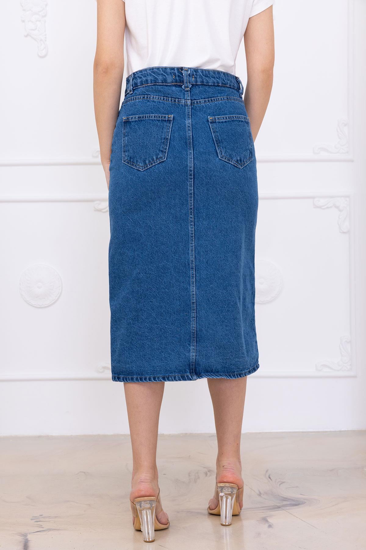 Düğmeli Kot Etek Koyu Mavi SS2697