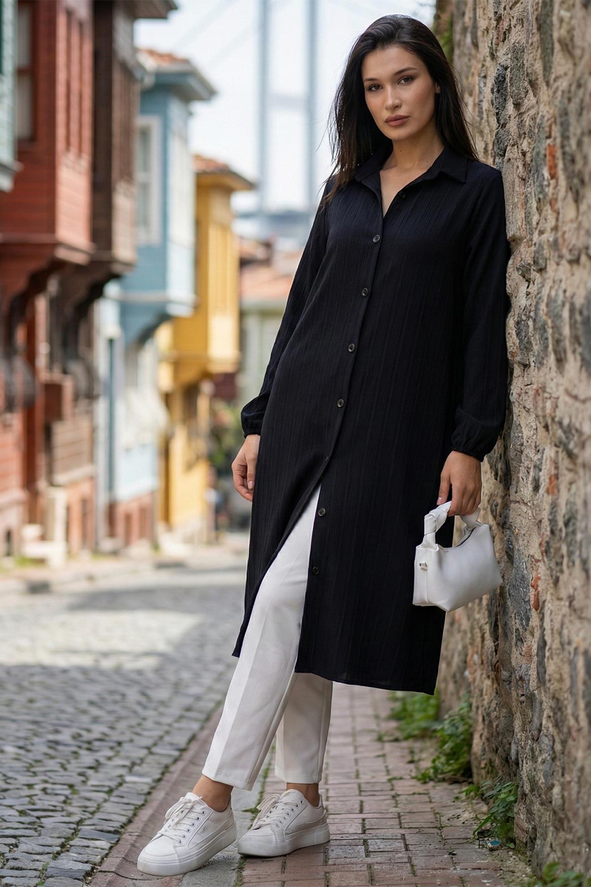 Düğmeli Uzun Gömlek Siyah SS2109 