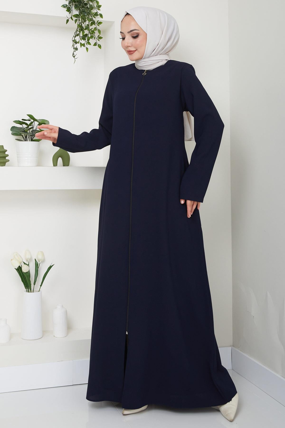 Fermuarlı Büyük Beden Ferace Lacivert SS2488