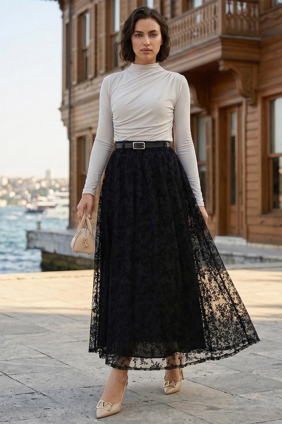 Flok Baskılı Kemerli Astarlı Tül Etek Siyah SS2877