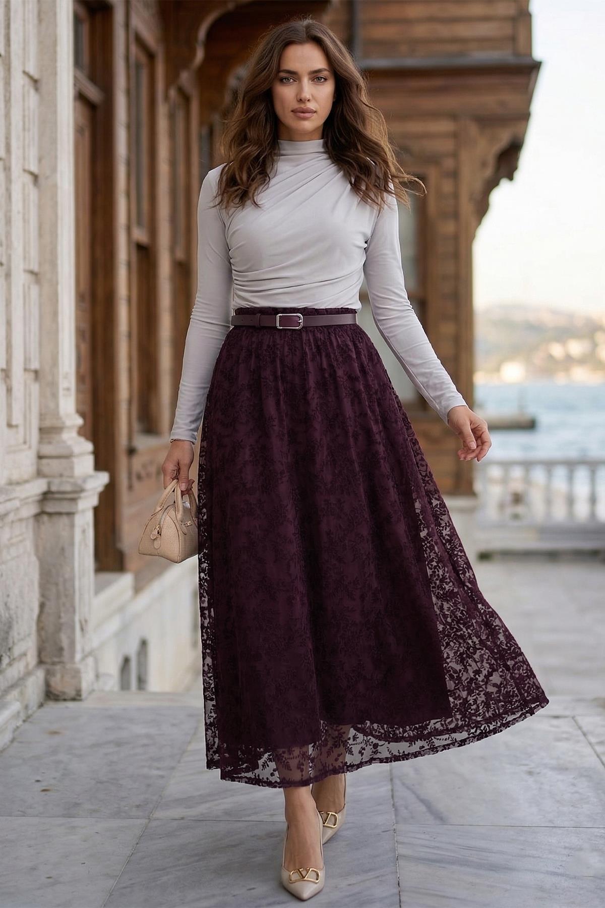 Flok Baskılı Kemerli Astarlı Tül Etek Mürdüm SS2877