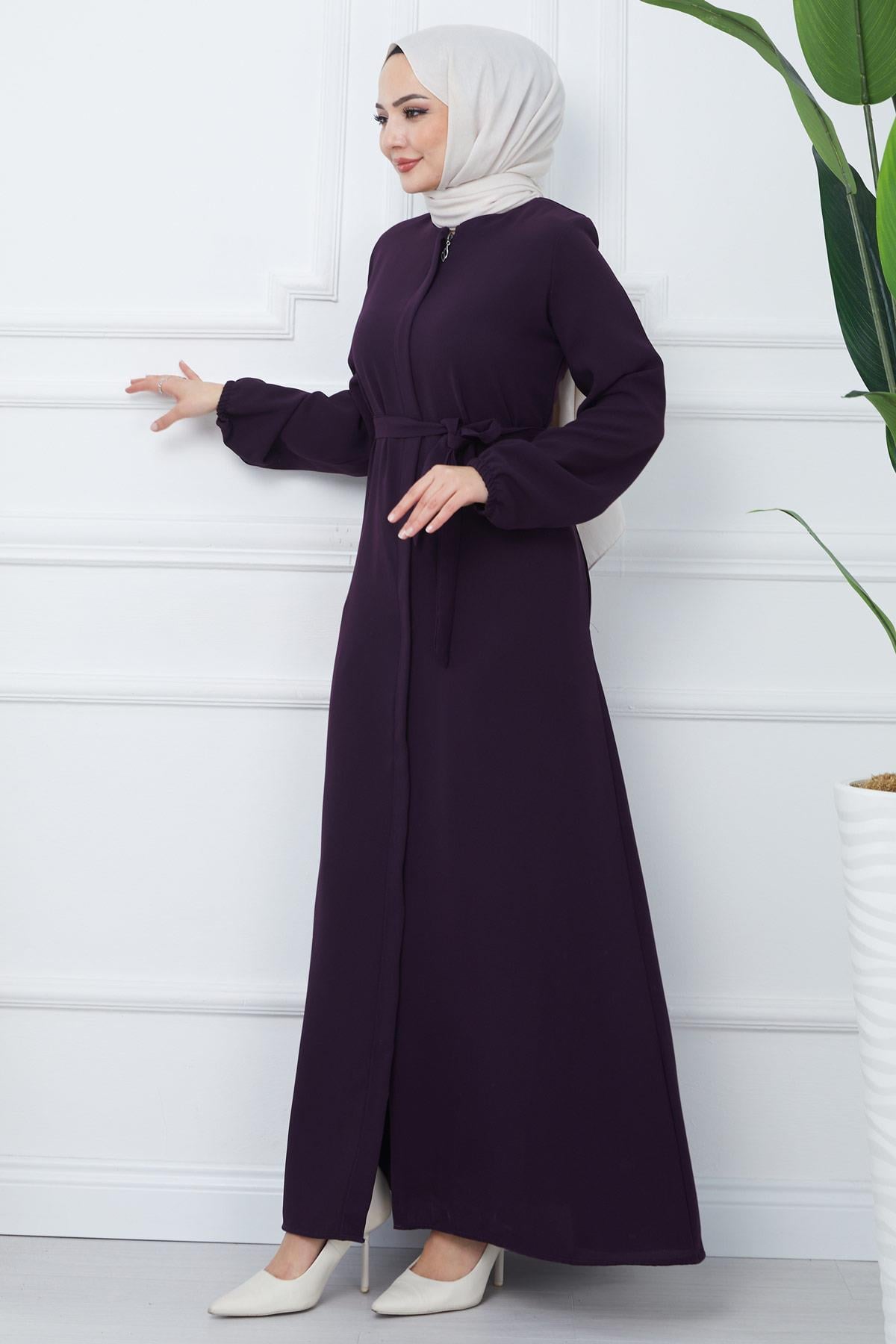 Gizli Patlı Kuşaklı Ferace Mürdüm SS2361