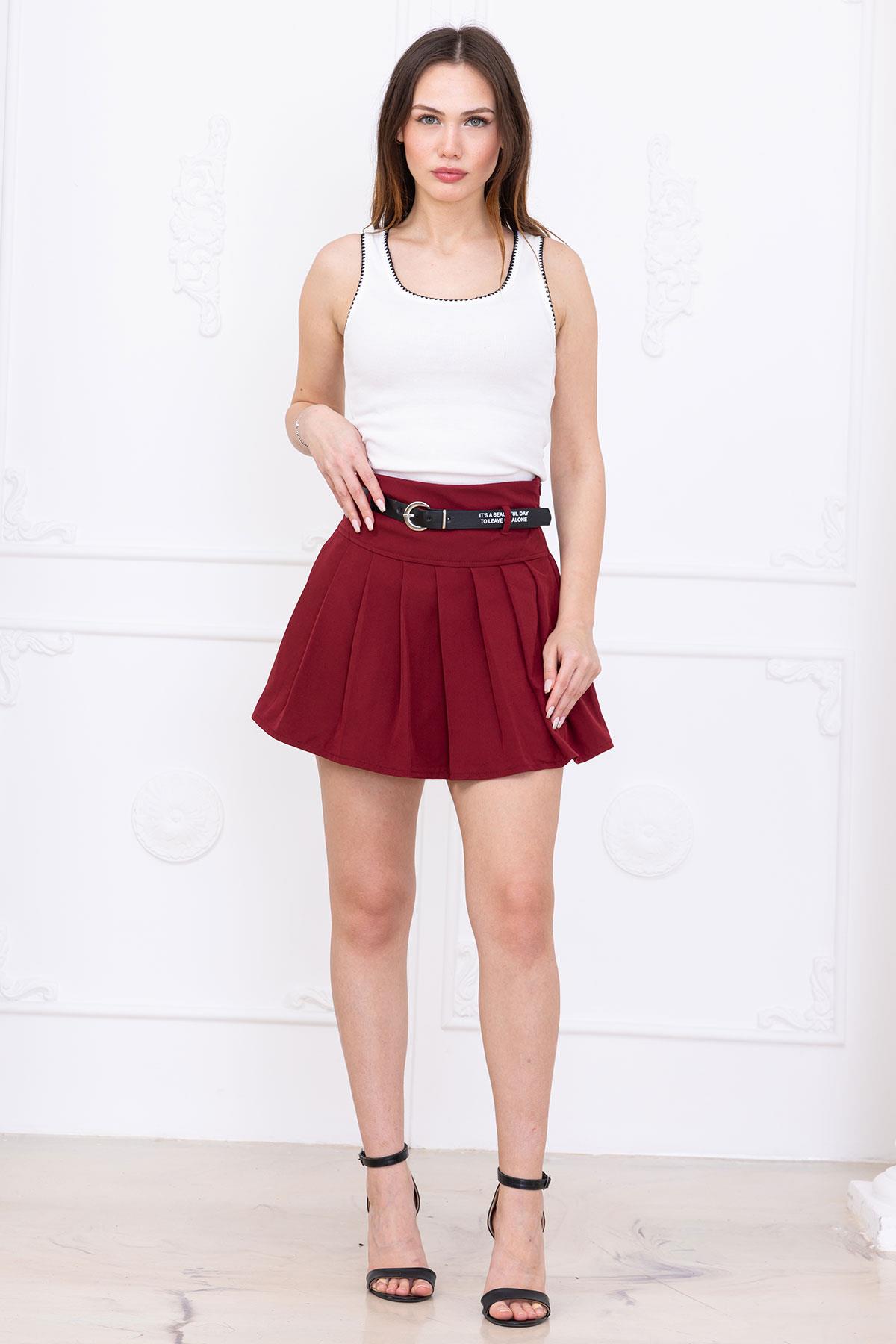 Kemerli Pileli Şort Etek Bordo SS2699