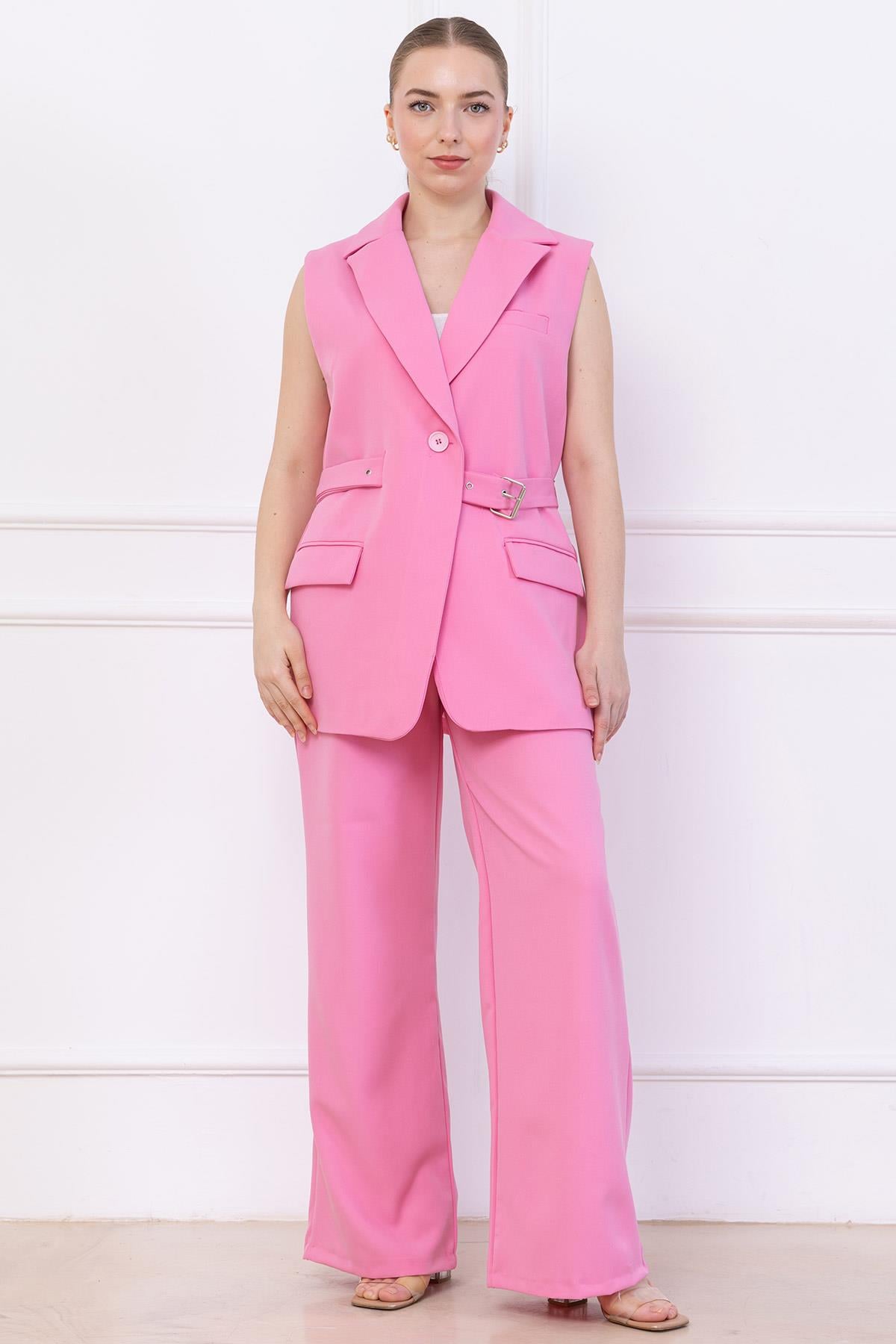 Kemerli Yelekli Takım Pembe SS2749