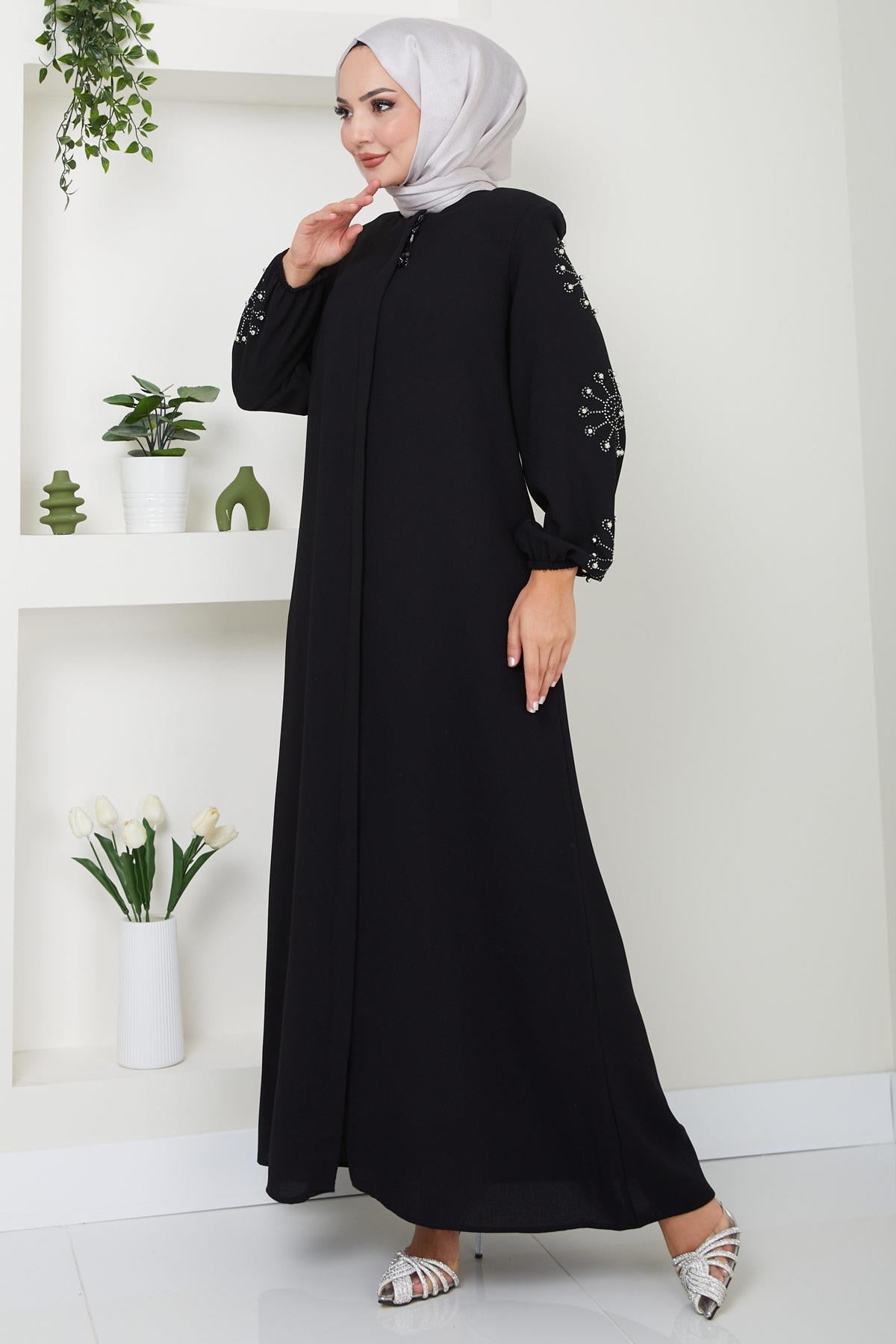Kolu Taşlı ve İncili Ferace Siyah SS2494