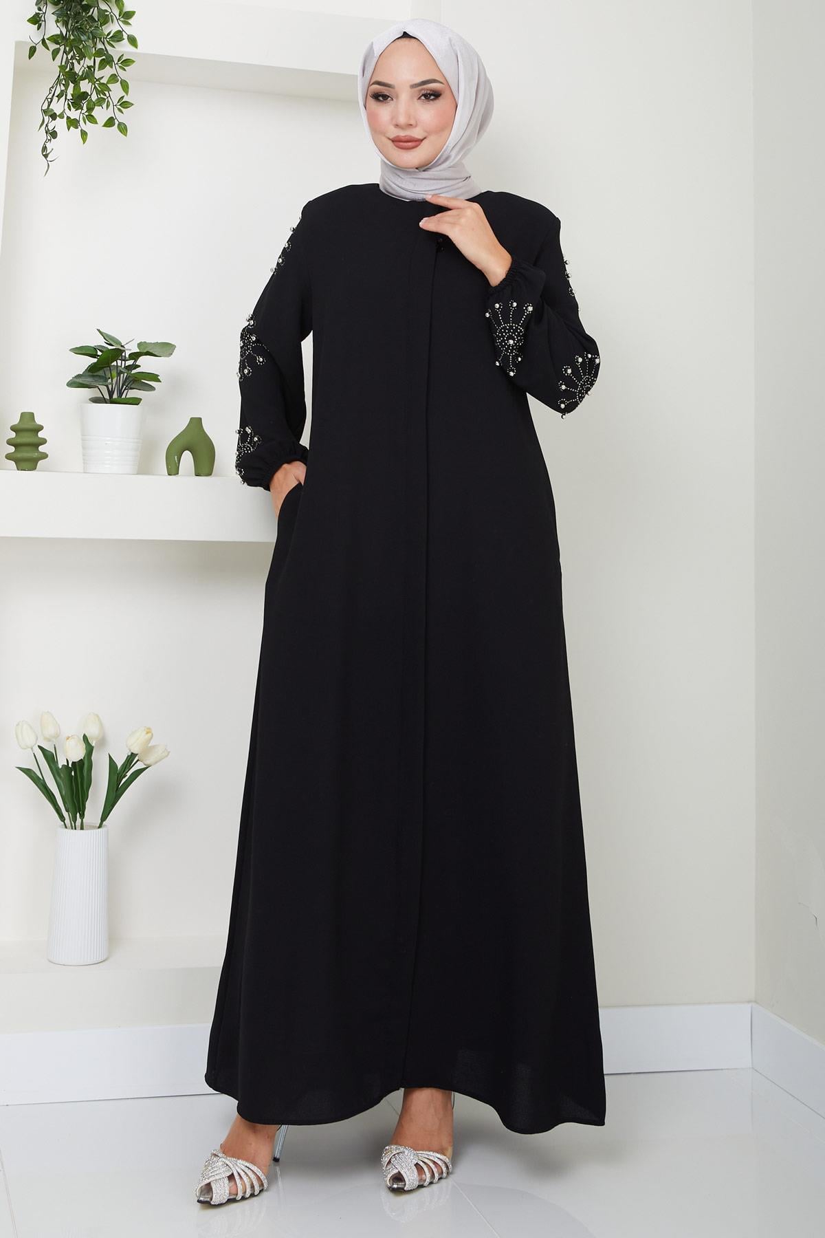 Kolu Taşlı ve İncili Ferace Siyah SS2494