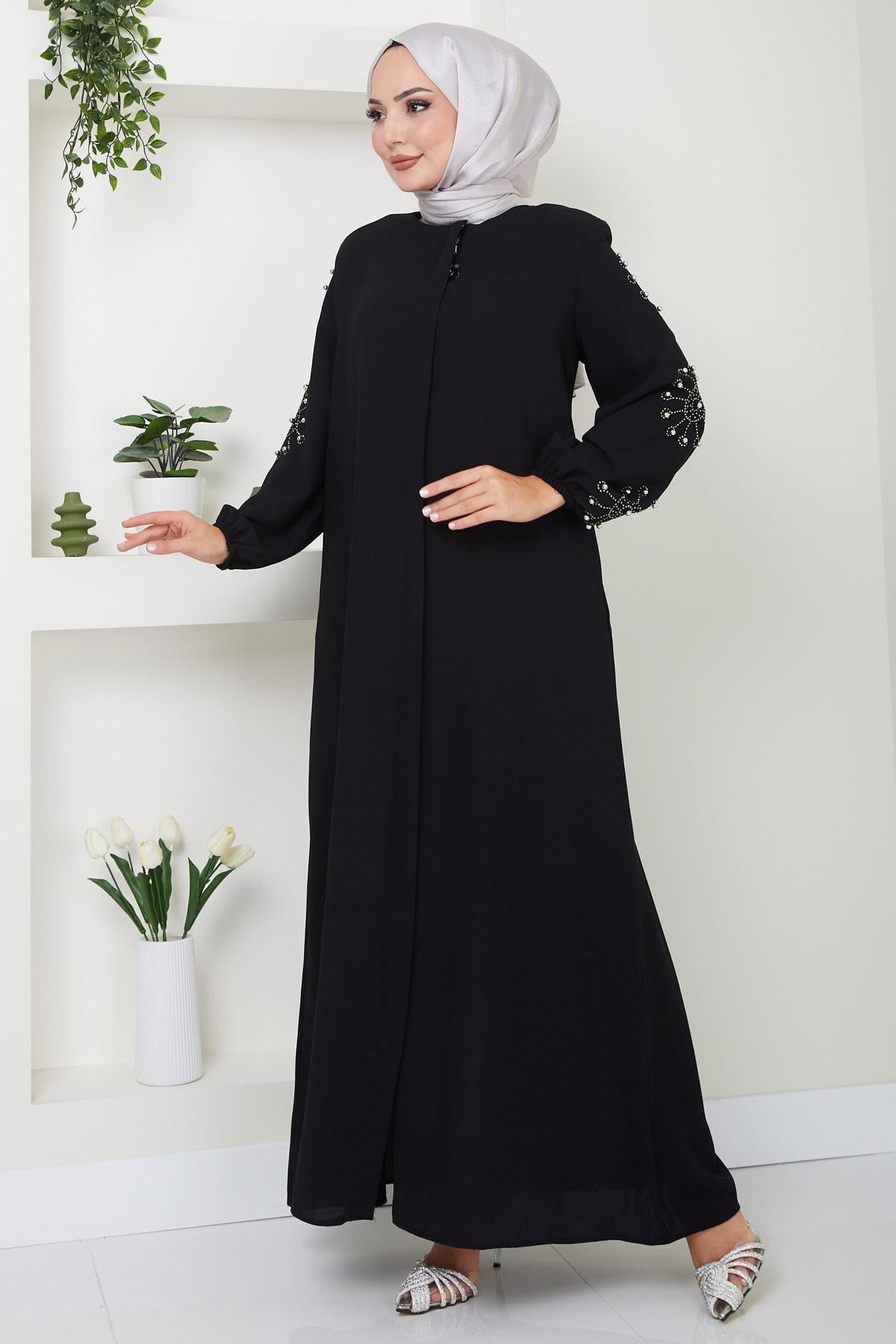 Kolu Taşlı ve İncili Ferace Siyah SS2494