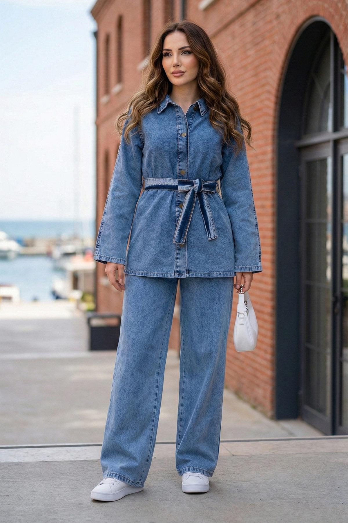 Kuşaklı Düğmeli Pantolonlu Kot Takım SS2876 Açık Mavi
