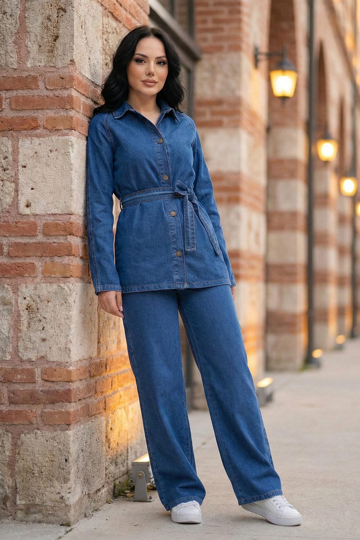 Kuşaklı Düğmeli Pantolonlu Kot Takım SS2876 Mavi