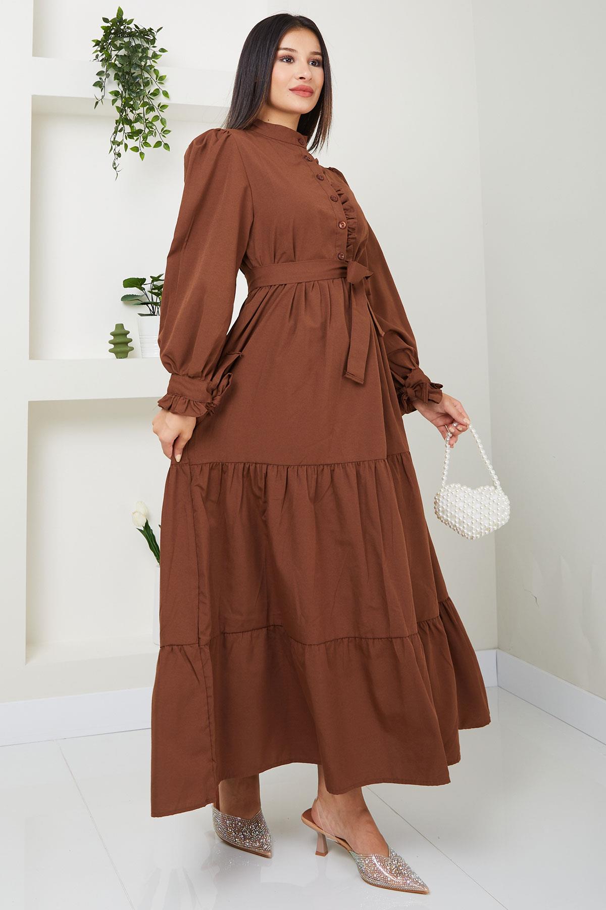Önü Fırfırlı Kolu Bağlamalı Elbise Kahverengi SS2078