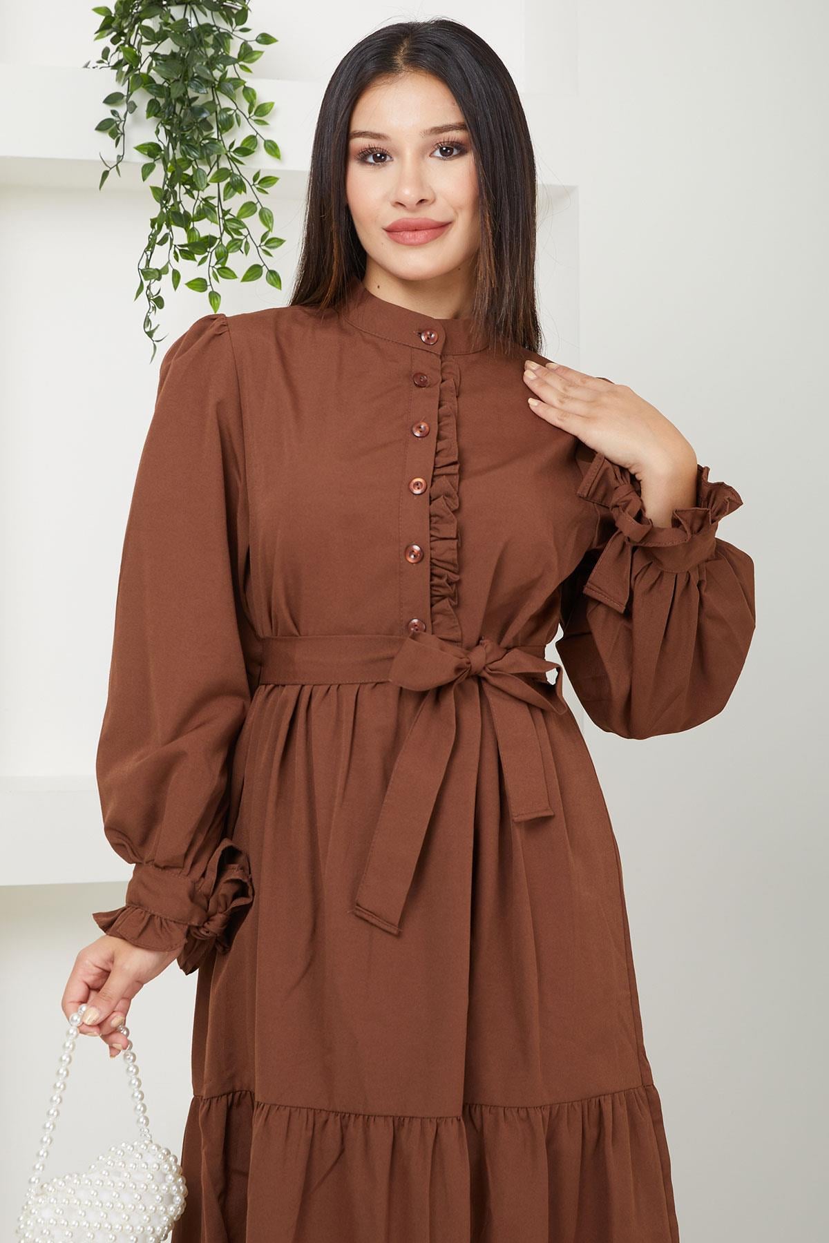 Önü Fırfırlı Kolu Bağlamalı Elbise Kahverengi SS2078