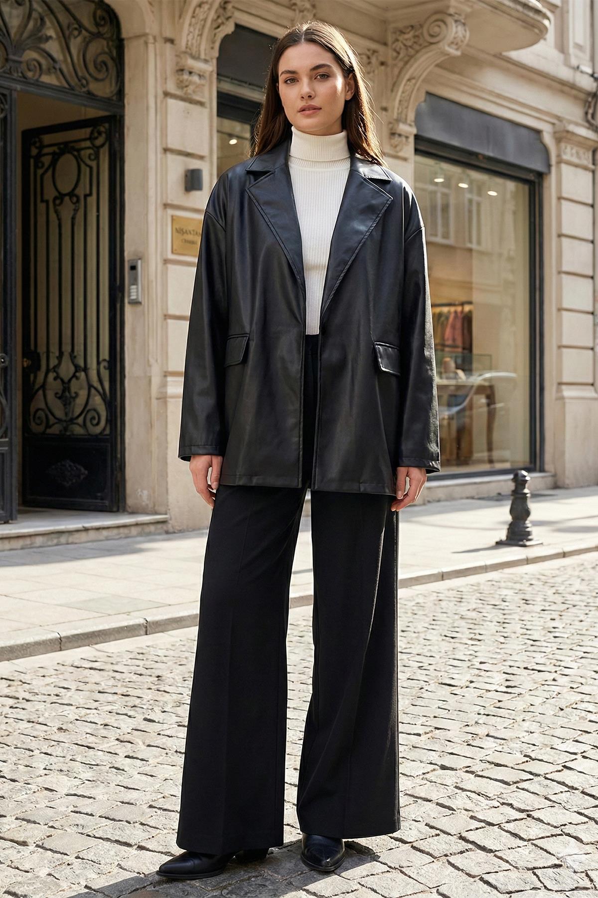 Oversize Kadın Deri Ceket Siyah SS2270