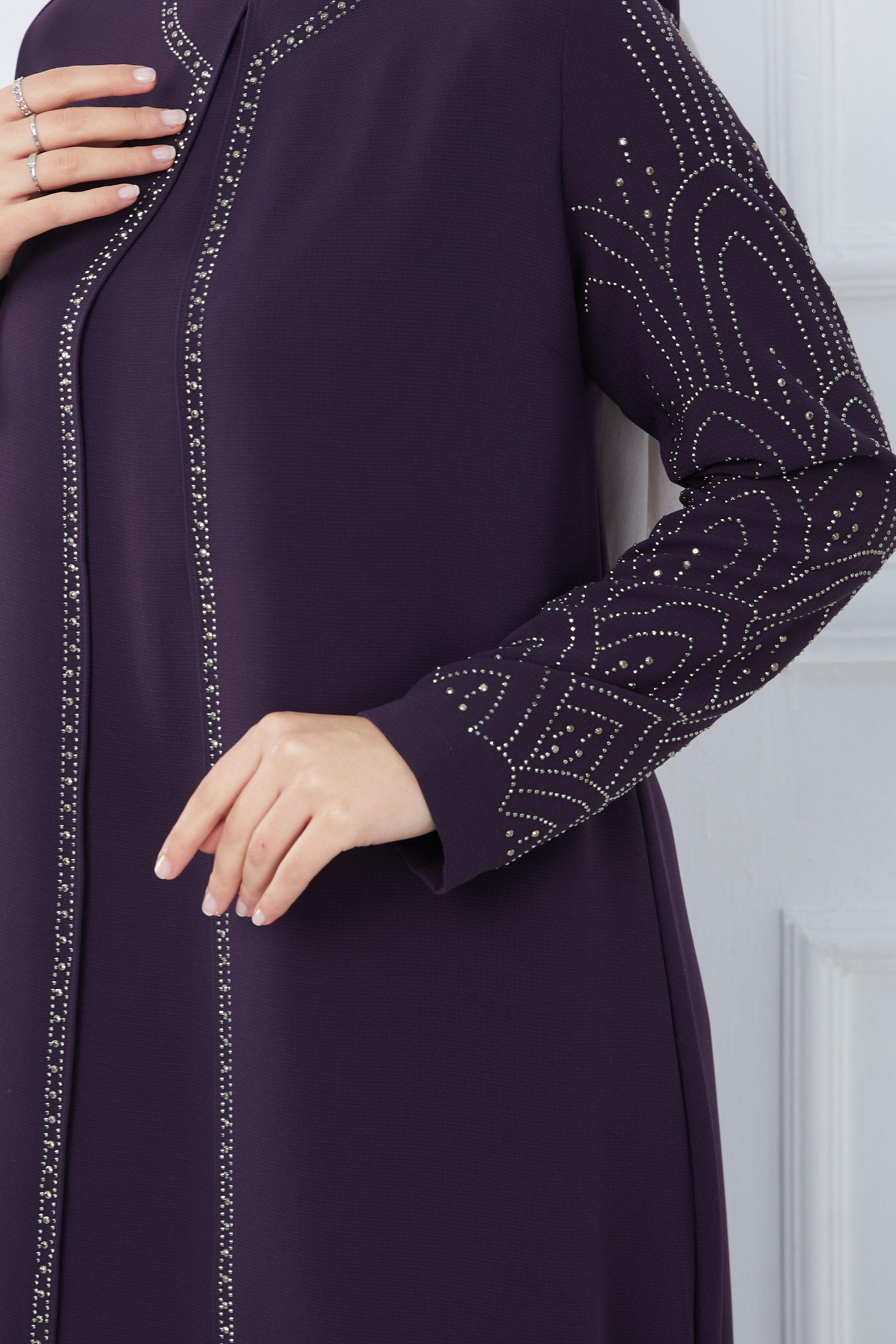 Taşlı Büyük Beden Anne Elbisesi Mor SS2349