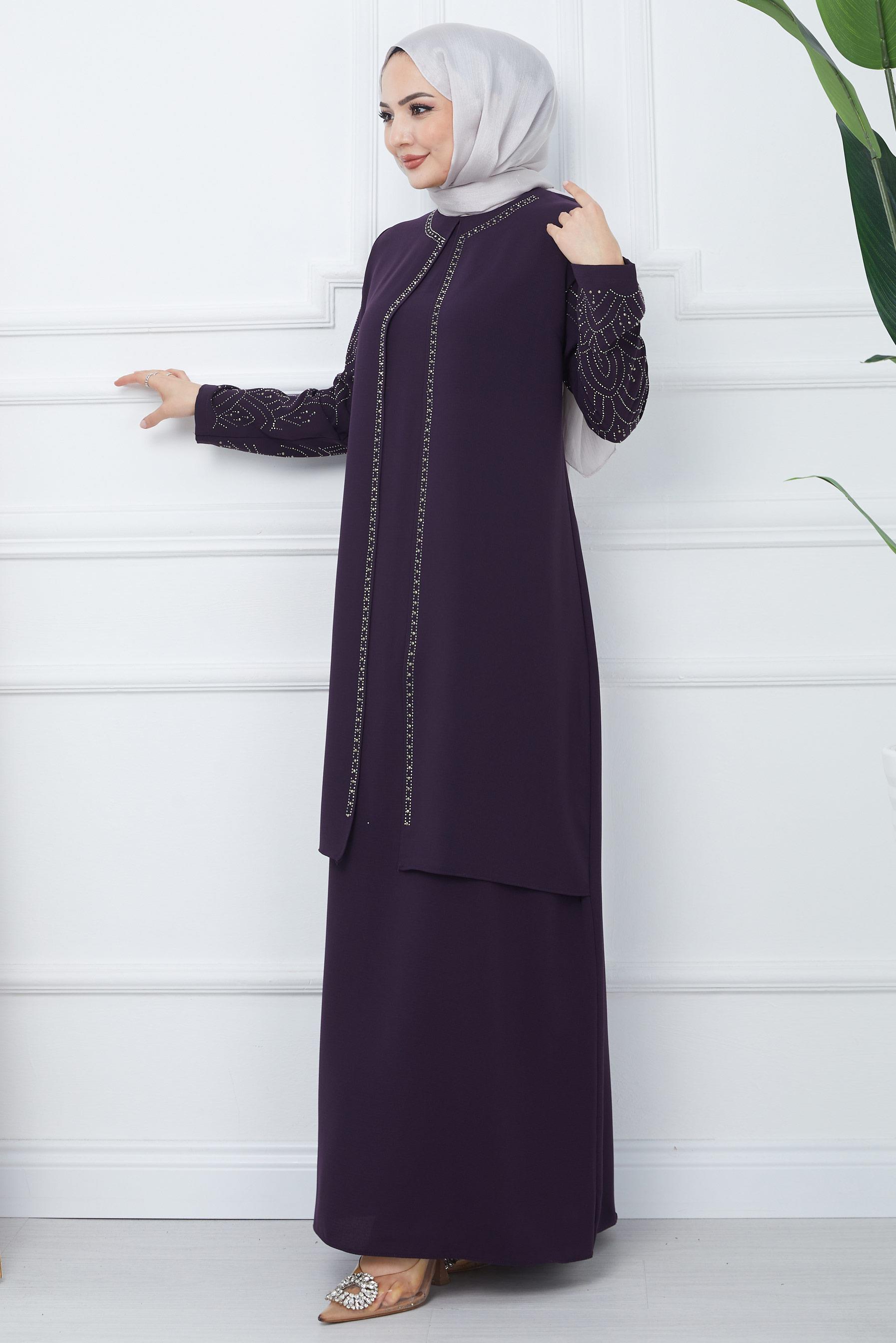 Taşlı Büyük Beden Anne Elbisesi Mor SS2349