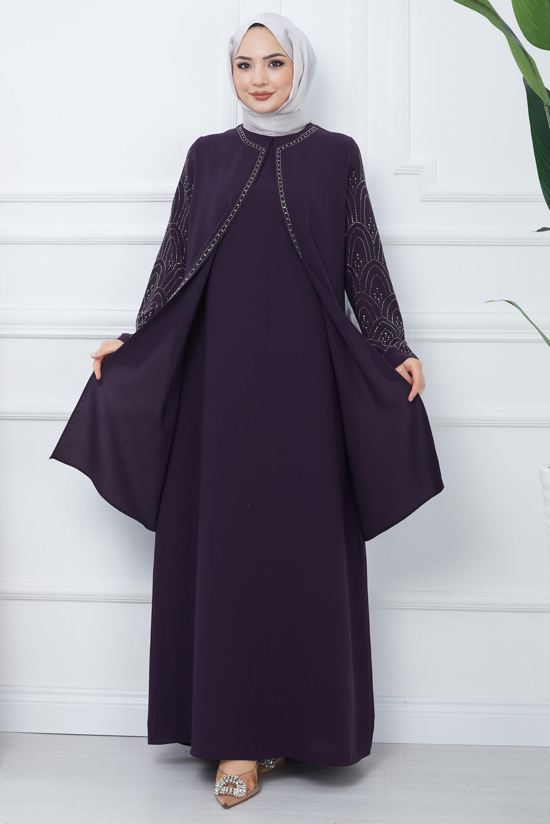 Taşlı Büyük Beden Anne Elbisesi Mor SS2349