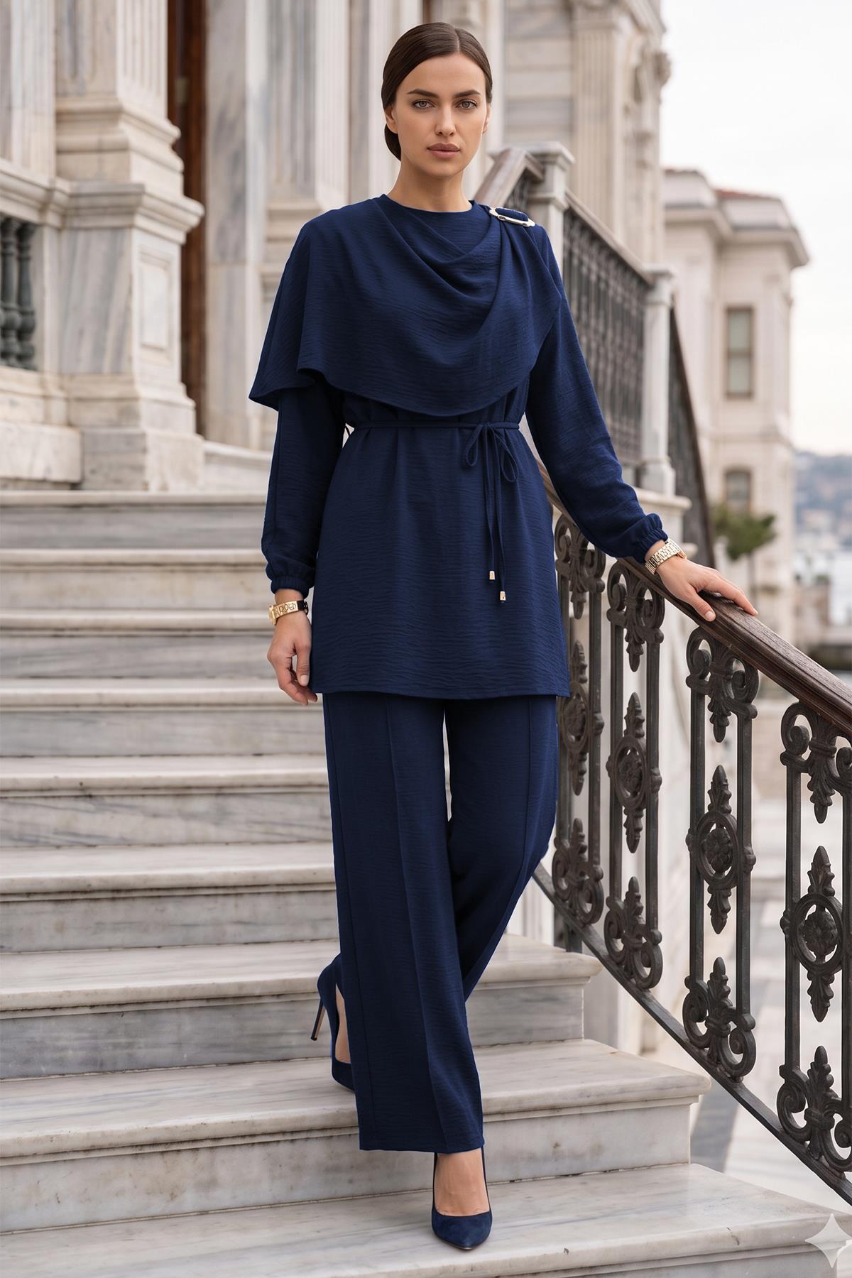 Toka Detaylı Pantolonlu Takım Lacivert SS2901