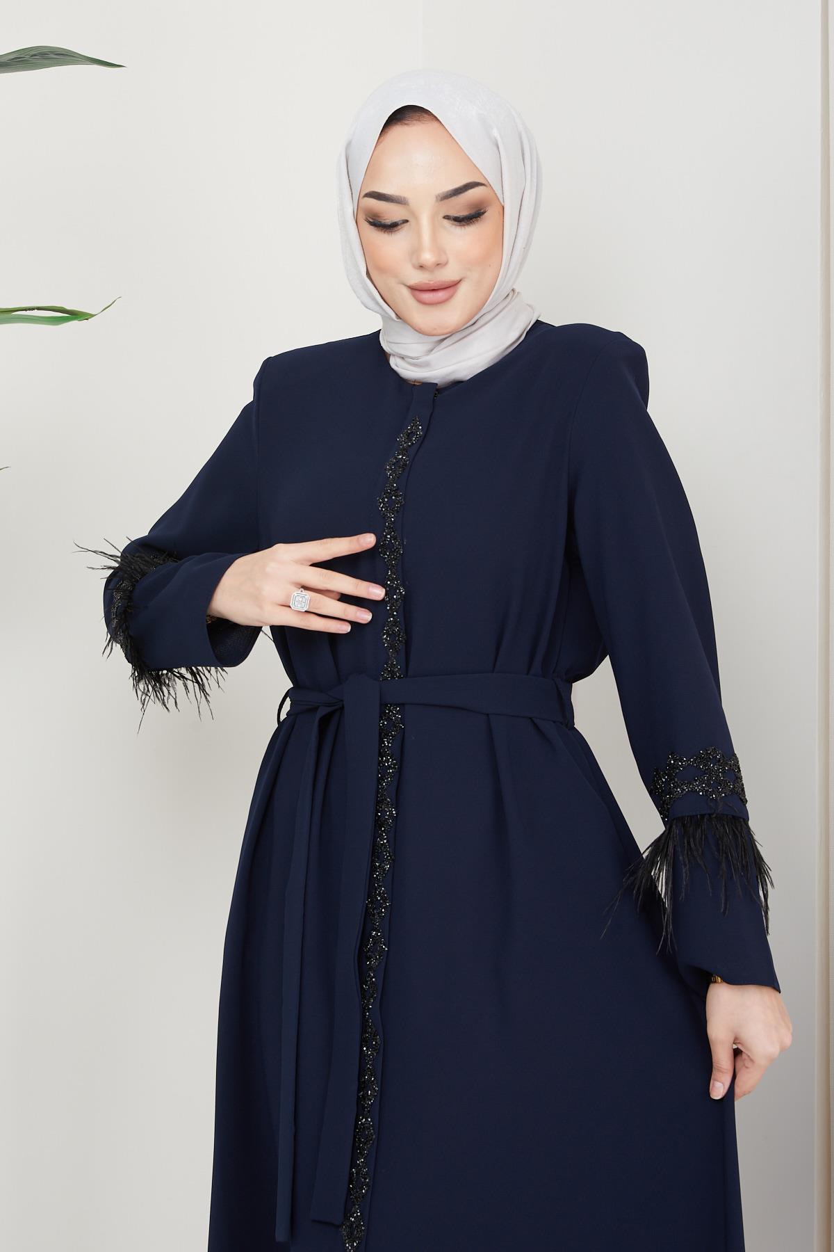 Tüy Detaylı Kuşaklı Ferace Lacivert SS2058