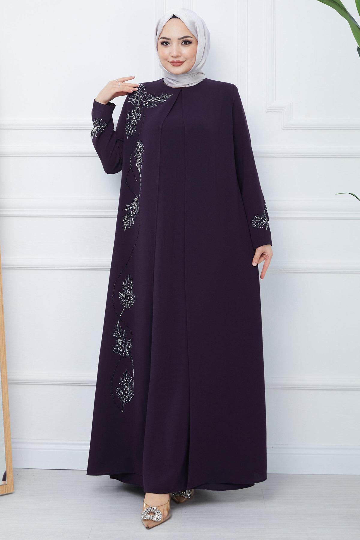 Yaprak Taşlı Büyük Beden Anne Elbisesi Mor SS2350