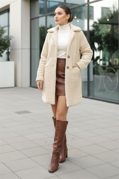 Astarlı Üç Düğmeli Peluş Mont Bej SS2507