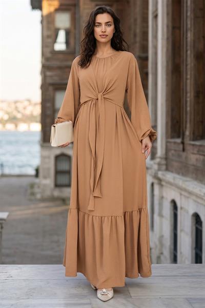 Bağlamalı Ayrobin Elbise Camel SS2873