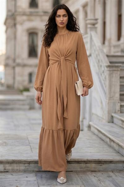 Bağlamalı Ayrobin Elbise Camel SS2873
