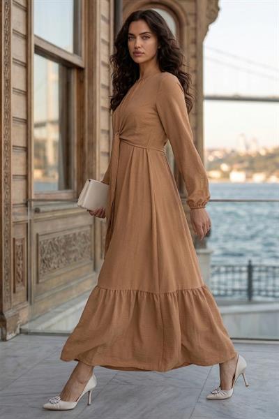 Bağlamalı Ayrobin Elbise Camel SS2873
