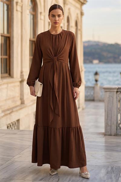 Bağlamalı Ayrobin Elbise Kahverengi SS2873