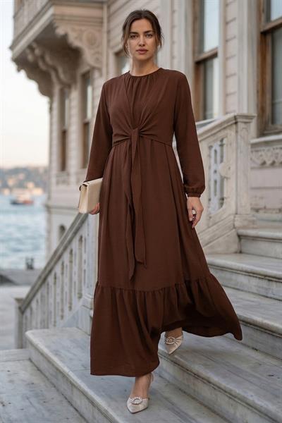 Bağlamalı Ayrobin Elbise Kahverengi SS2873