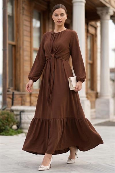 Bağlamalı Ayrobin Elbise Kahverengi SS2873