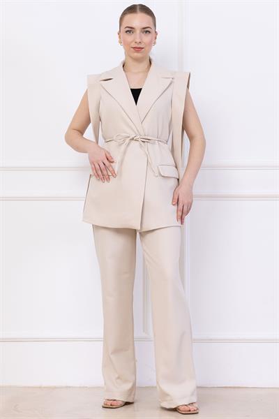 Bağlamalı Yelekli Takım Bej SS2750