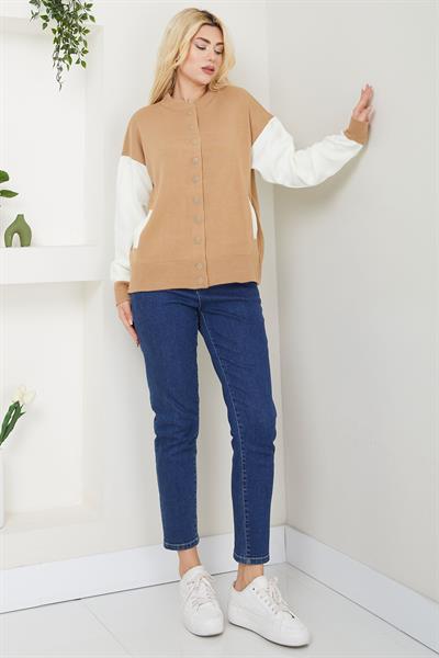 Bomber Yaka Çıtçıtlı Triko Hırka SS2615 Camel