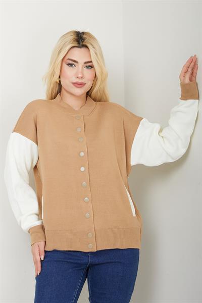 Bomber Yaka Çıtçıtlı Triko Hırka SS2615 Camel