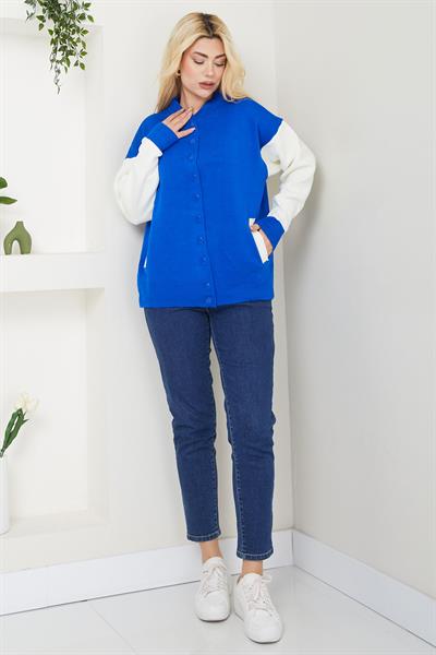 Bomber Yaka Çıtçıtlı Triko Hırka SS2615 Saks