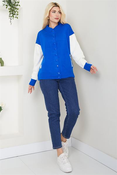 Bomber Yaka Çıtçıtlı Triko Hırka SS2615 Saks